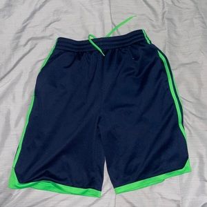 Boys Adidas blue and green basketball shorts